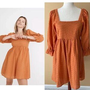 🍁 Madewell Puff Sleeve Waisted Mini Dress in Mulled Cider Size 6